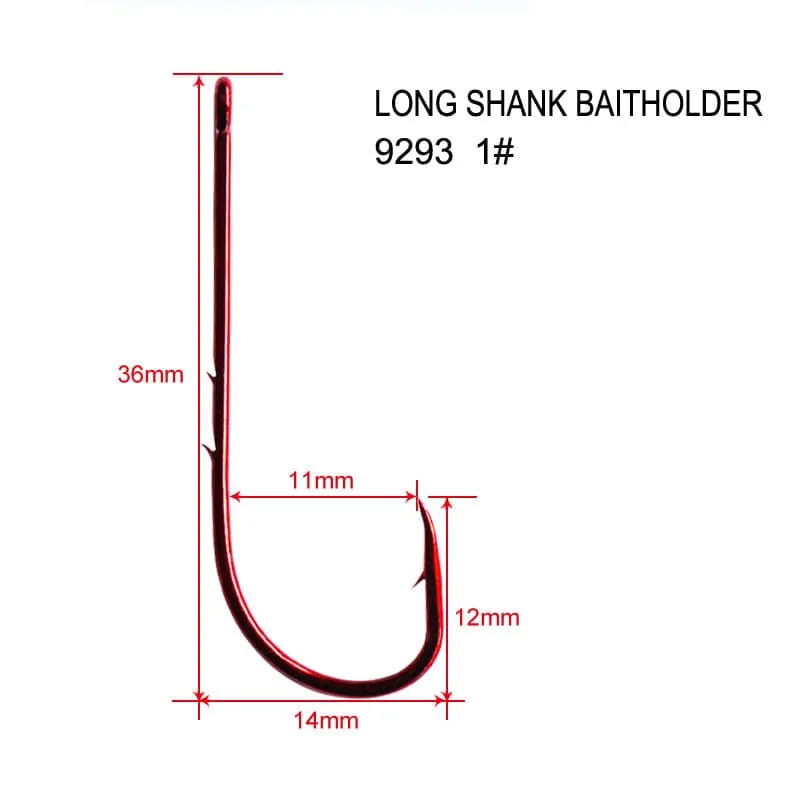 100X Long Shank Baitholder Hooks RED Size 1# Fishing Tackle