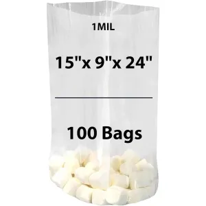 15X9X24 inches Gusseted Poly Bags Clear 1 Mil Low Density LDPE
