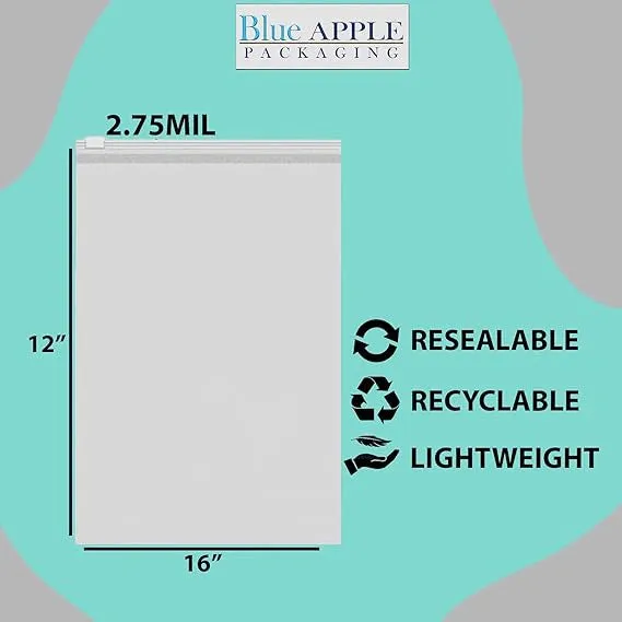 16X12 inches Resealable Poly Bags With Slide Seal 2.75 Mil (LDPE)