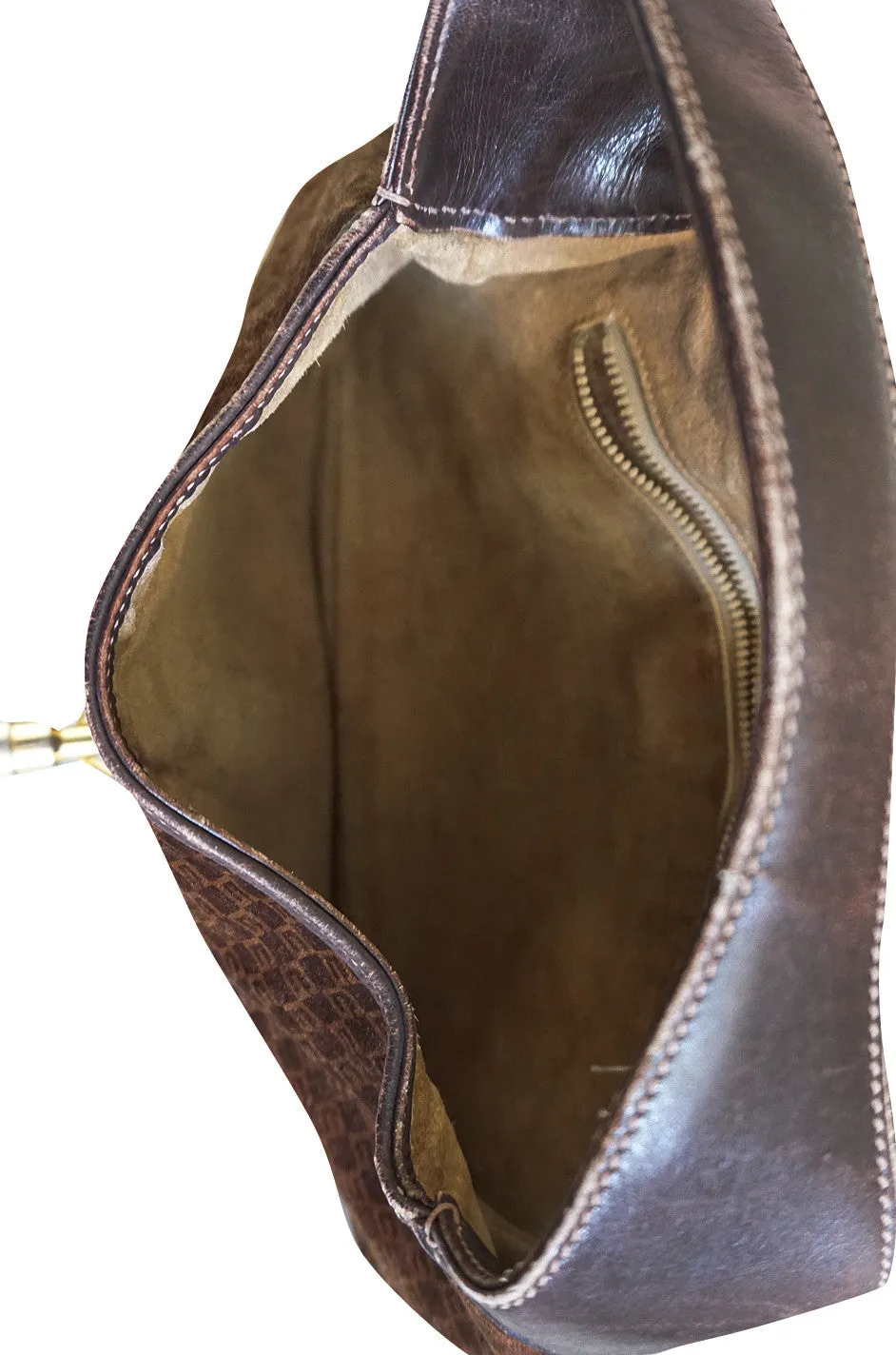 1970s Brown Logo Velvet & Leather Gucci Hobo Bag