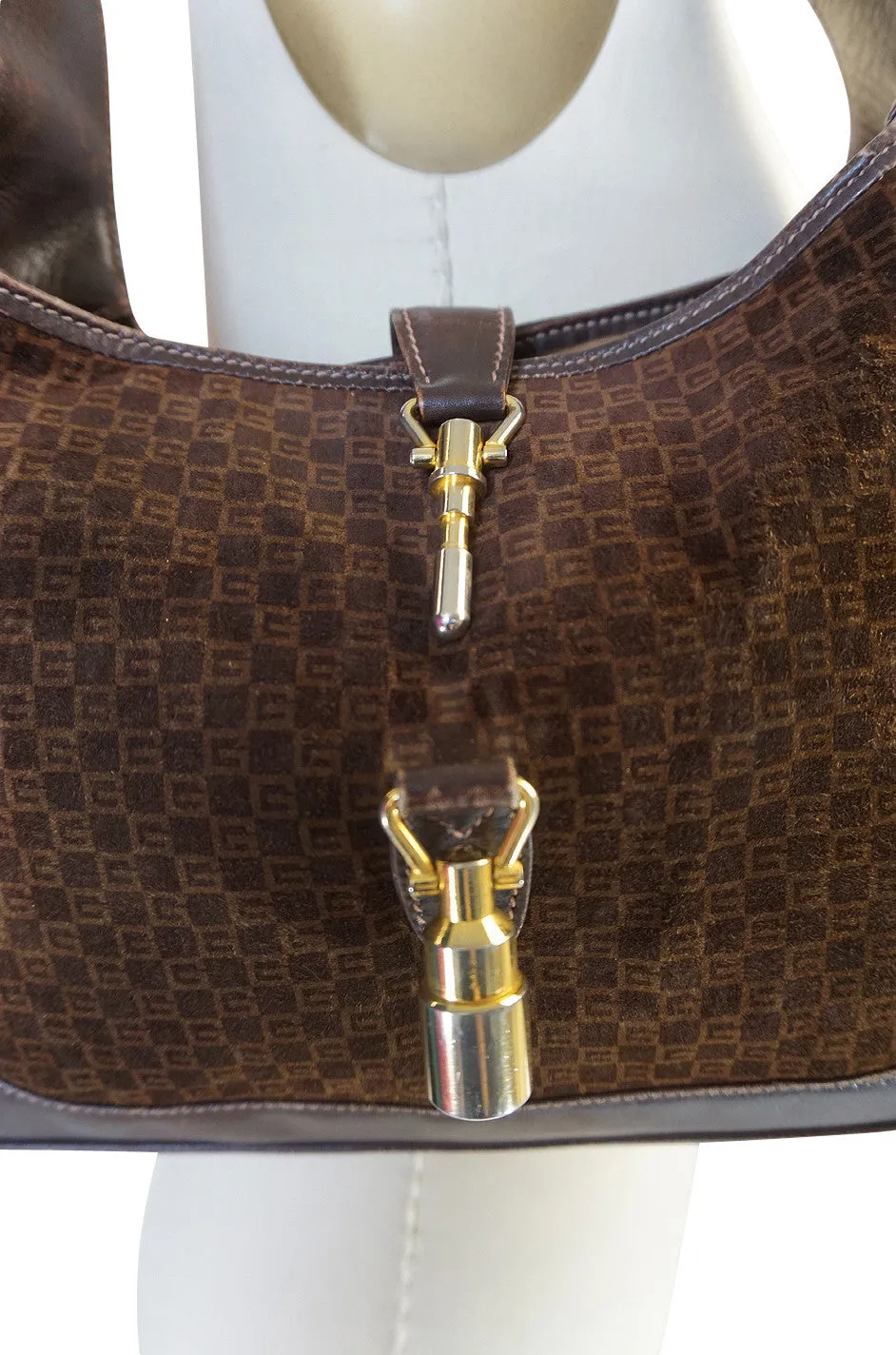 1970s Brown Logo Velvet & Leather Gucci Hobo Bag