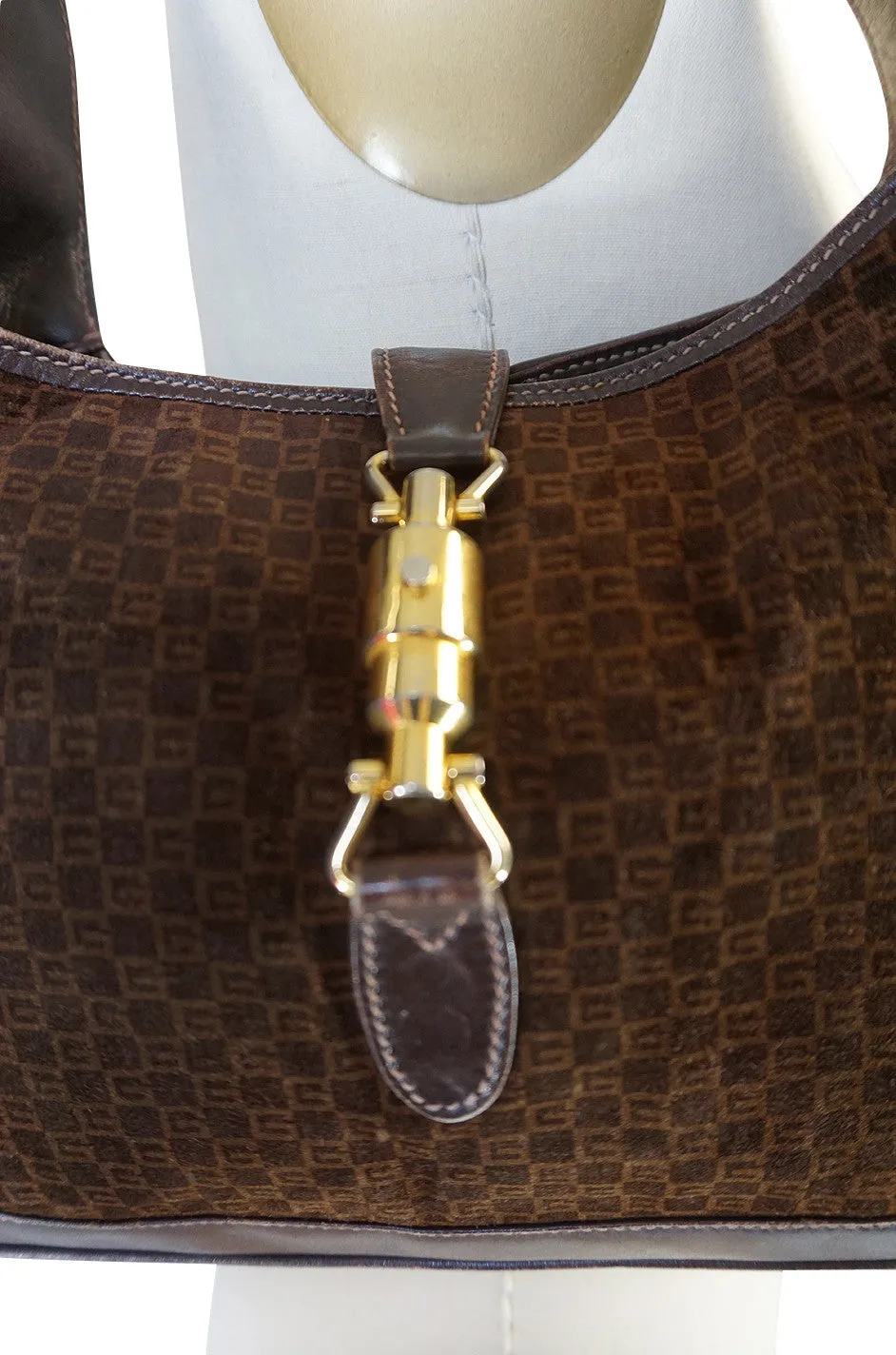 1970s Brown Logo Velvet & Leather Gucci Hobo Bag