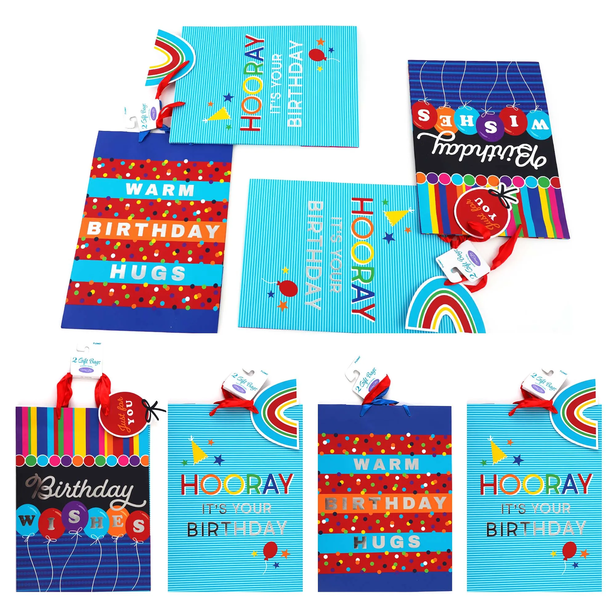 2Pk Extra Large Hooray Birthday Love Hot Stamp Premium Plus Bag, 3 Designs