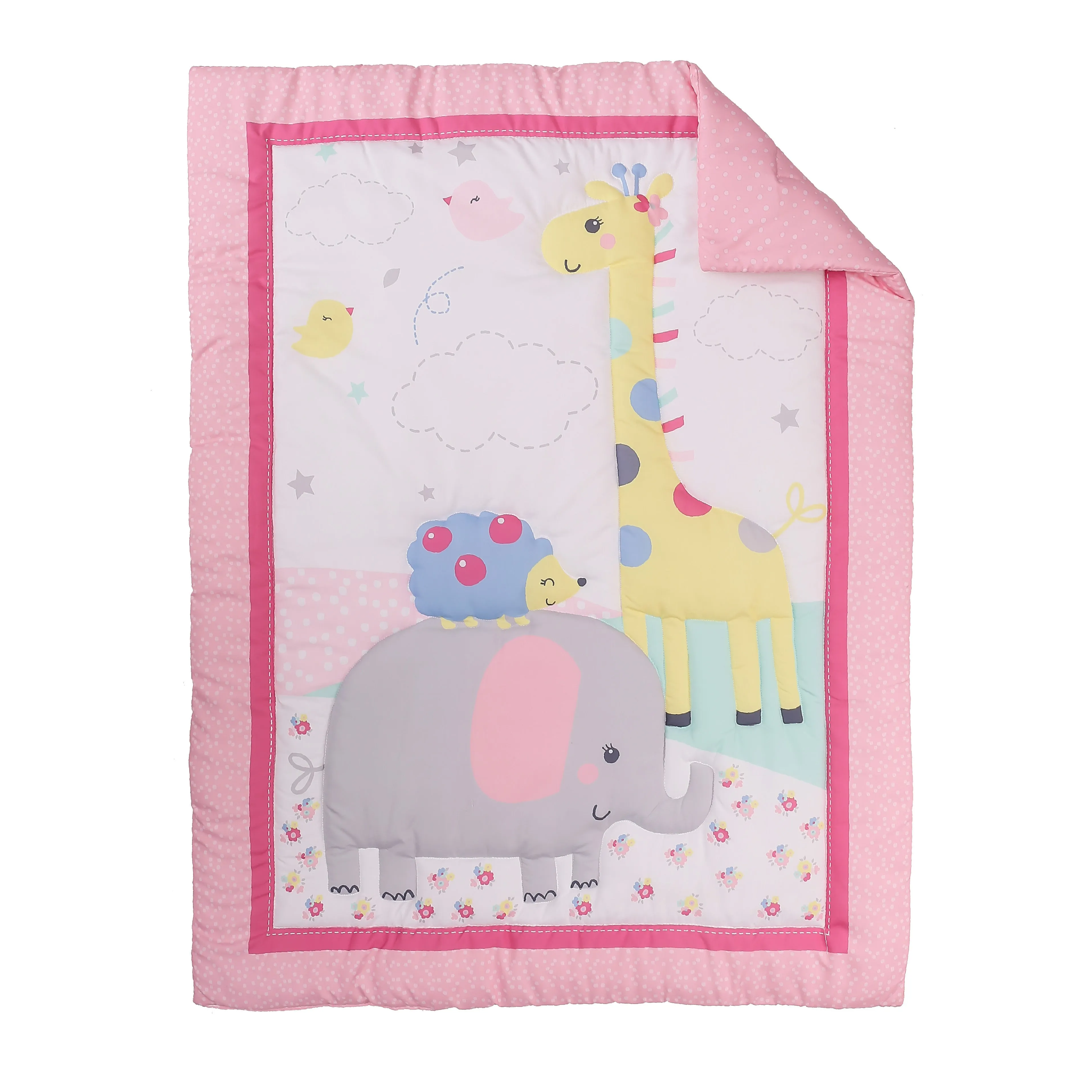 5-piece animal bedding set, pink, giraffe and elephant