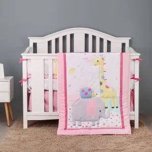 5-piece animal bedding set, pink, giraffe and elephant