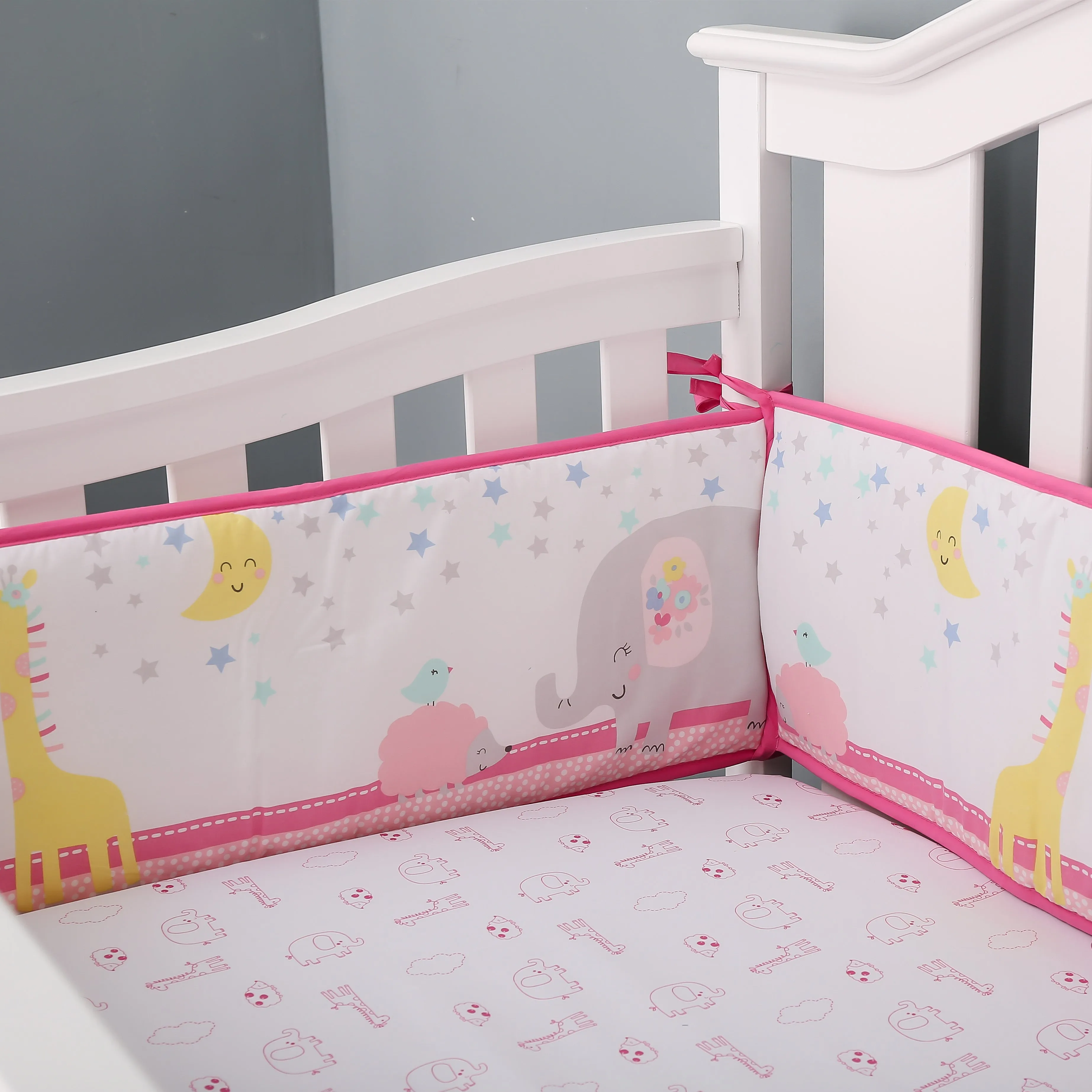 5-piece animal bedding set, pink, giraffe and elephant