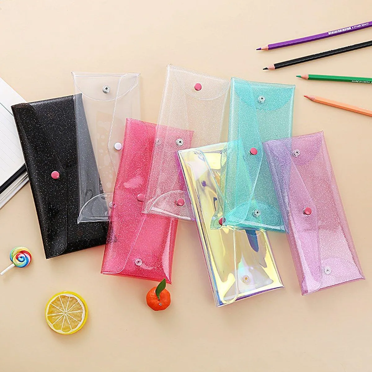 7pcs Transparent Pencil Case Storage Bag Portable Colorful Buckle Organizer Pack