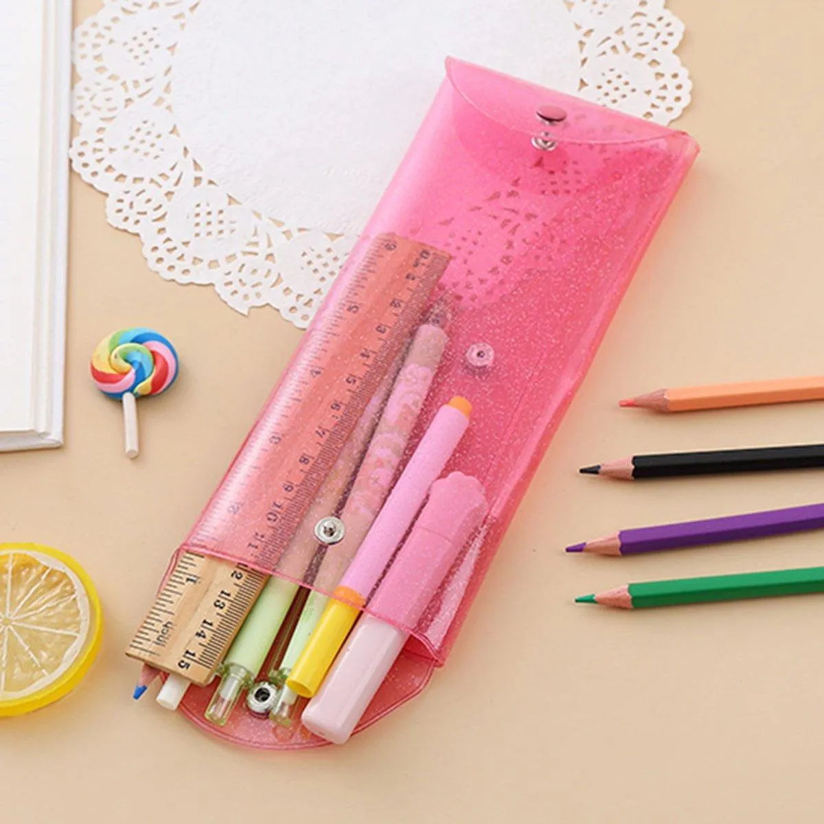 7pcs Transparent Pencil Case Storage Bag Portable Colorful Buckle Organizer Pack
