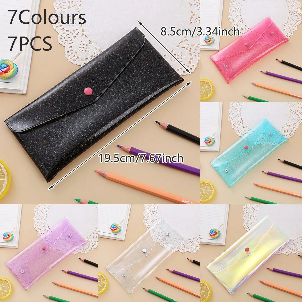 7pcs Transparent Pencil Case Storage Bag Portable Colorful Buckle Organizer Pack