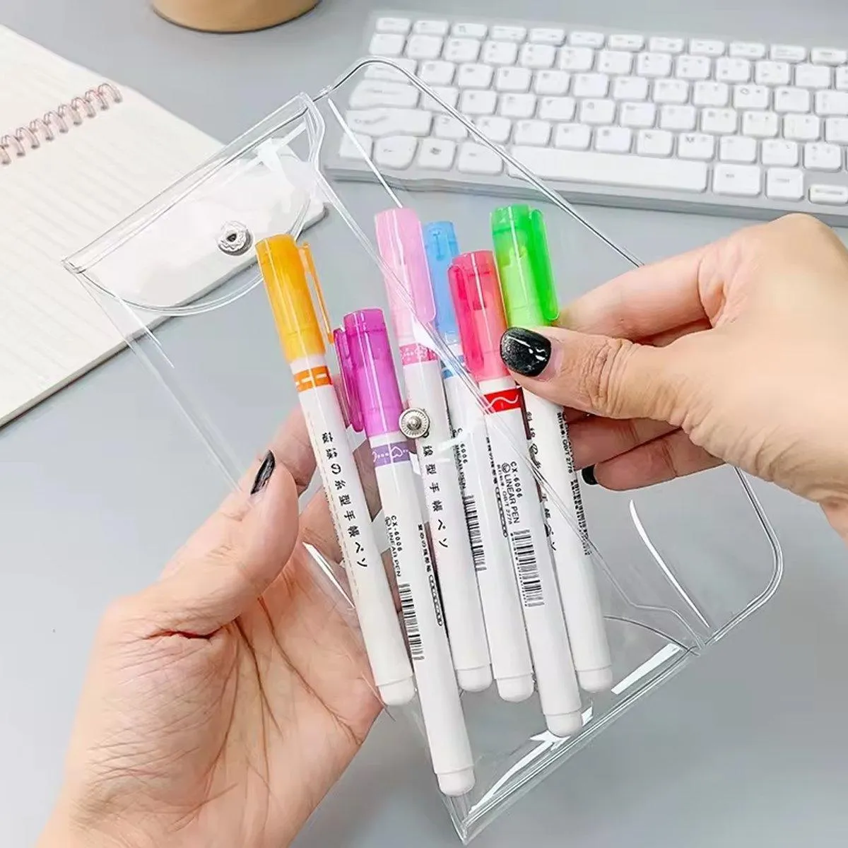 7pcs Transparent Pencil Case Storage Bag Portable Colorful Buckle Organizer Pack