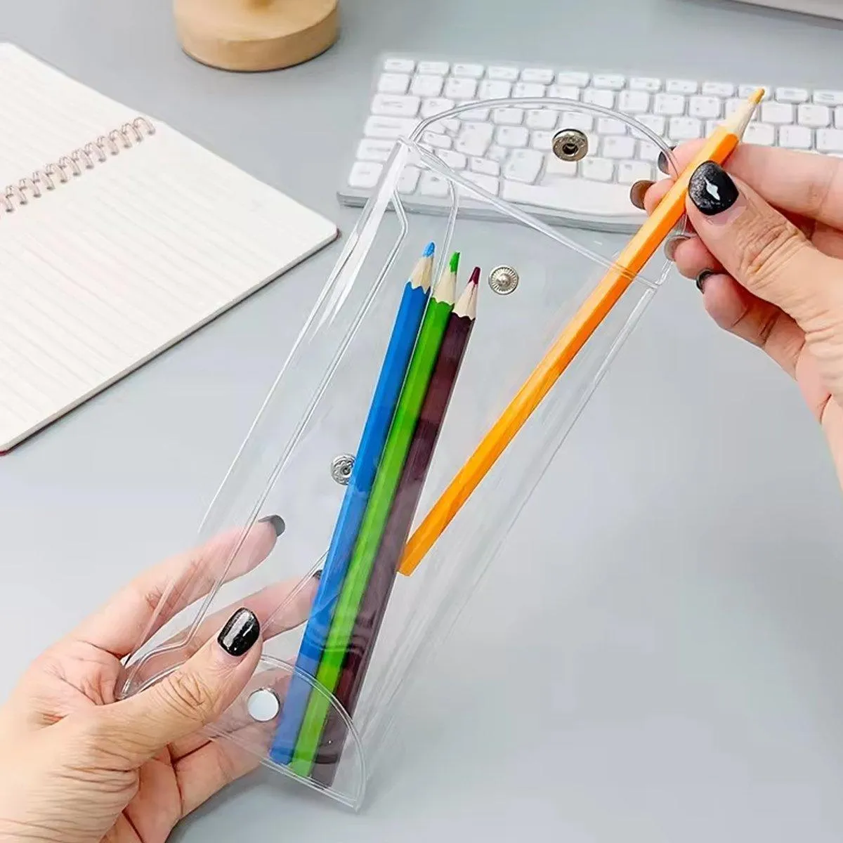 7pcs Transparent Pencil Case Storage Bag Portable Colorful Buckle Organizer Pack
