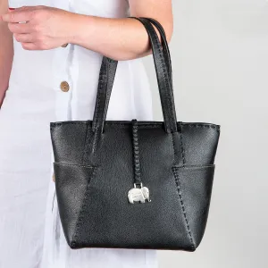 Anesu : Ladies Leather Shopper Handbag in Black Cayak
