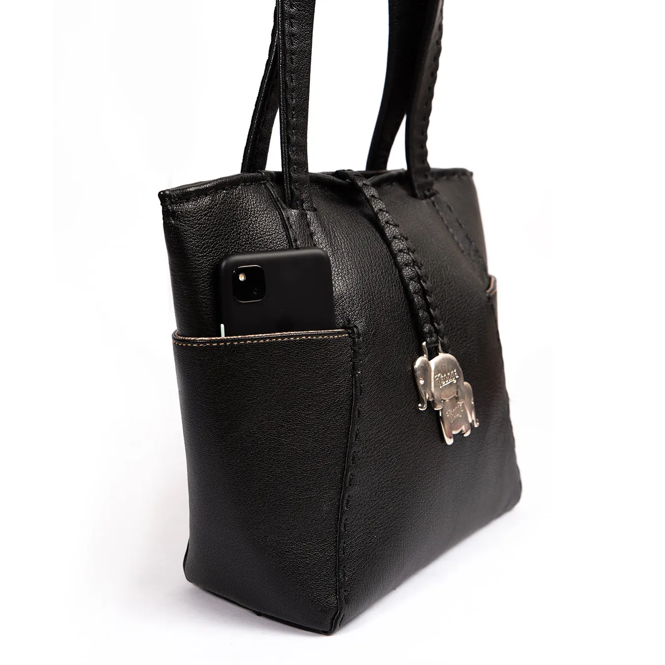 Anesu : Ladies Leather Shopper Handbag in Black Cayak