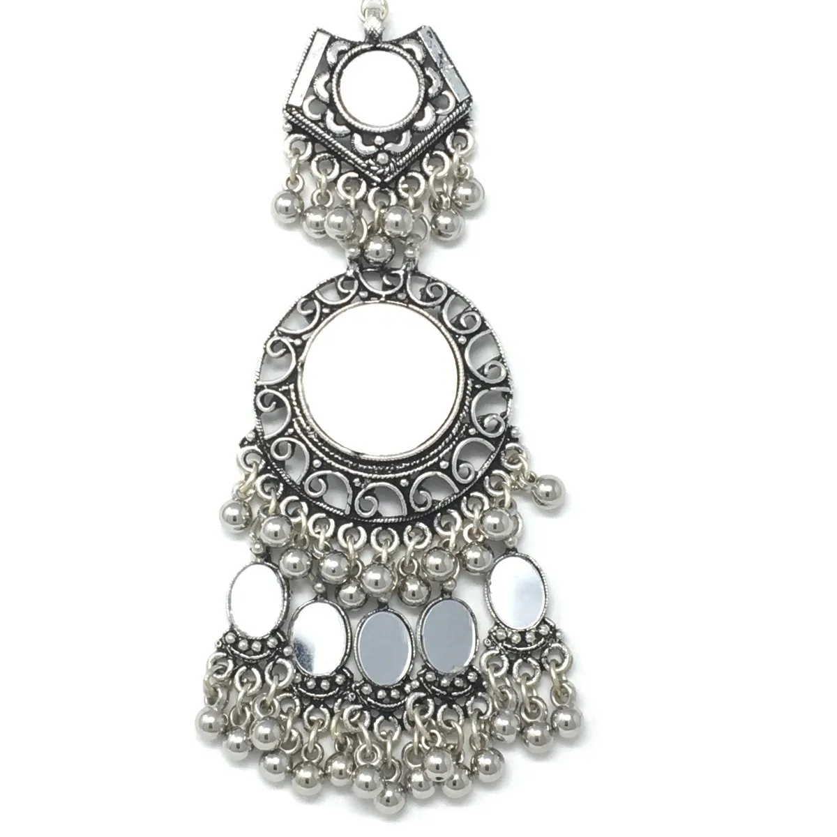 Antique Silver Dangle Drop Earrings with Mirror and Ghungroos
