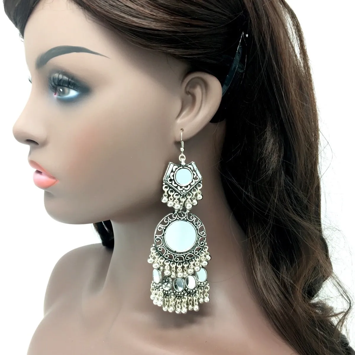 Antique Silver Dangle Drop Earrings with Mirror and Ghungroos