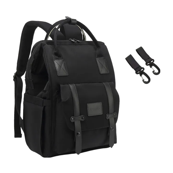 ANYMOM Mommy Diaper Bag Black Backpack 2Pcs Stroller Hook with Internal USB Charging Port