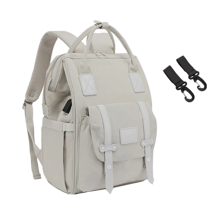 ANYMOM Mommy Diaper Bag Grey Backpack 2Pcs Stroller Hook with Internal USB Charging Port