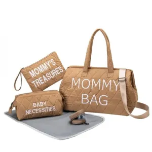 ANYMOM Mommy Diaper Bag Khaki Handbag 5 pcs set with Portable Changing Pad Adjustable and Removable Strap Diamond Pattern Maternity Bag