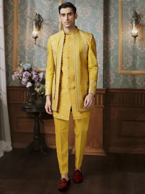 Bandhani Printed Jacket Style Indo Western in Yellow