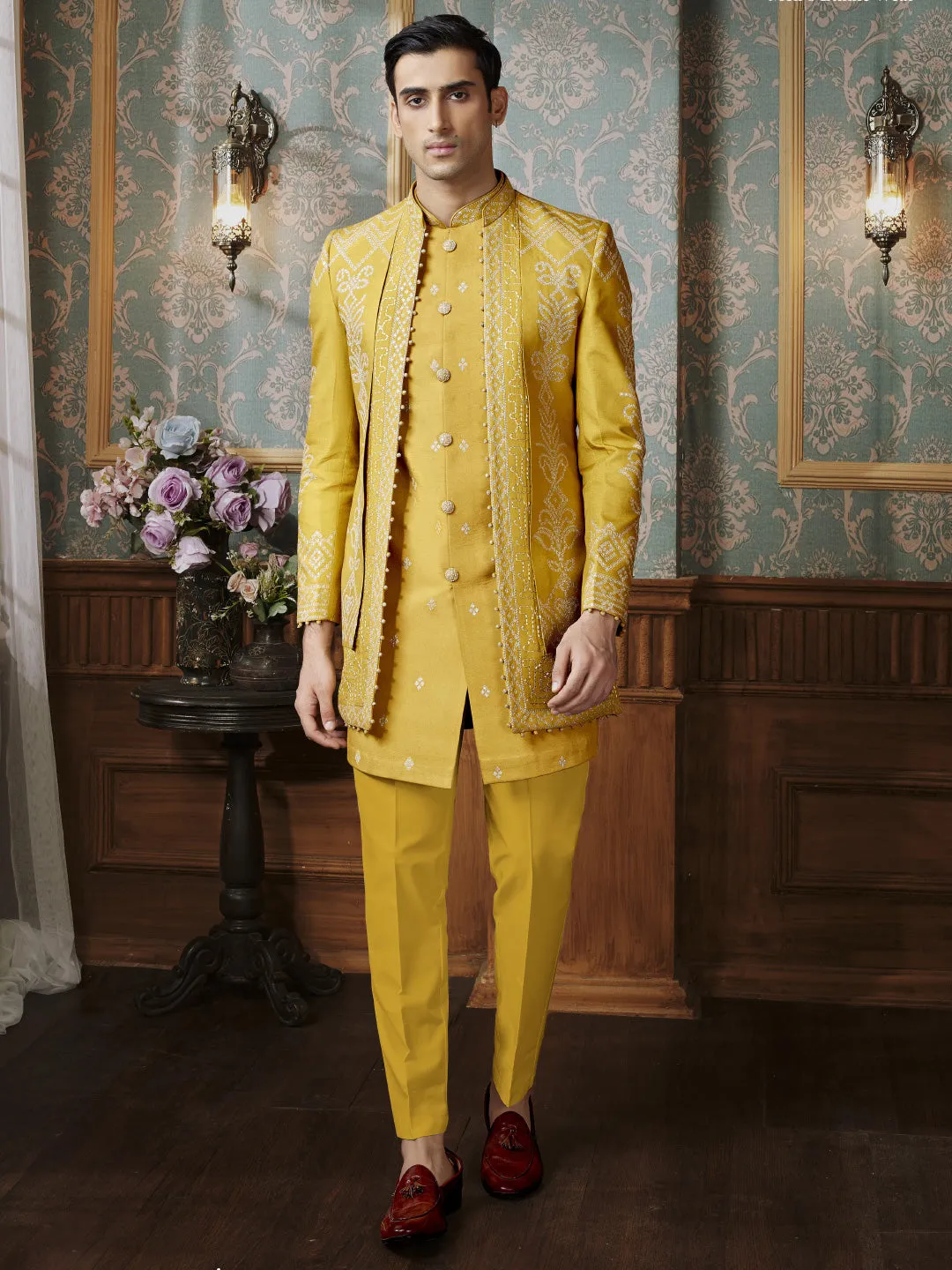 Bandhani Printed Jacket Style Indo Western in Yellow