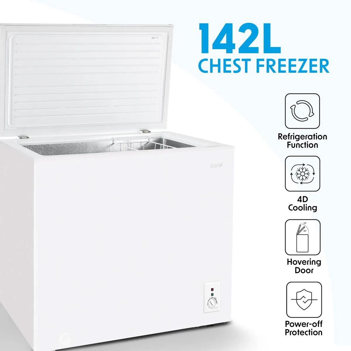 Baridi Freestanding Chest Freezer, 142L Capacity, Garages and Outbuilding Safe, -12 to -24°C Adjustable Thermostat with Refrigeration Mode, White