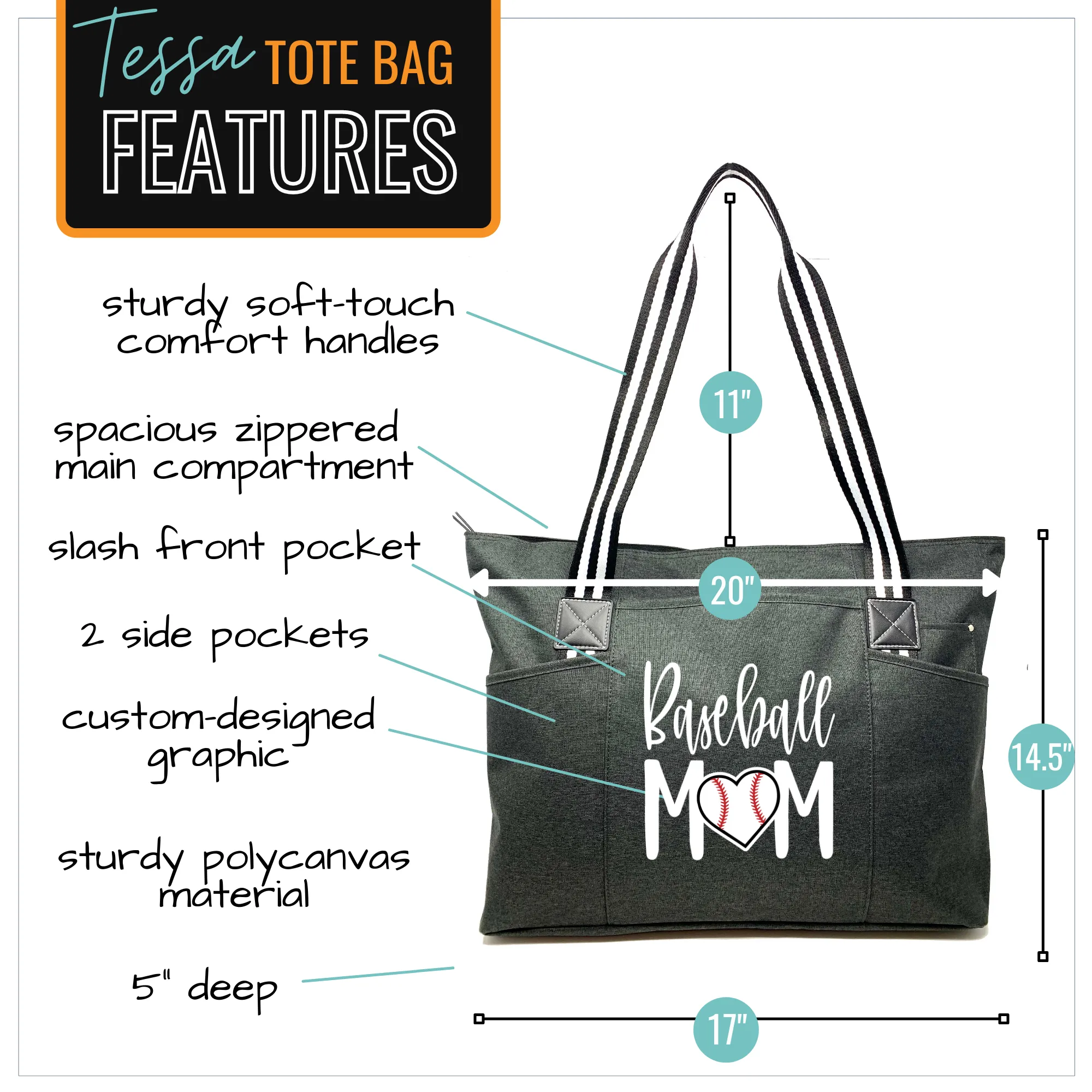 Baseball Mom Tessa Black Tote Bag for Moms