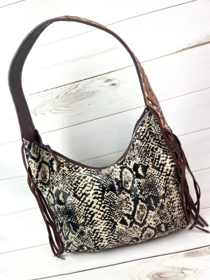 Black and White Snake Pattern on Hide Hobo Fringe Handbag
