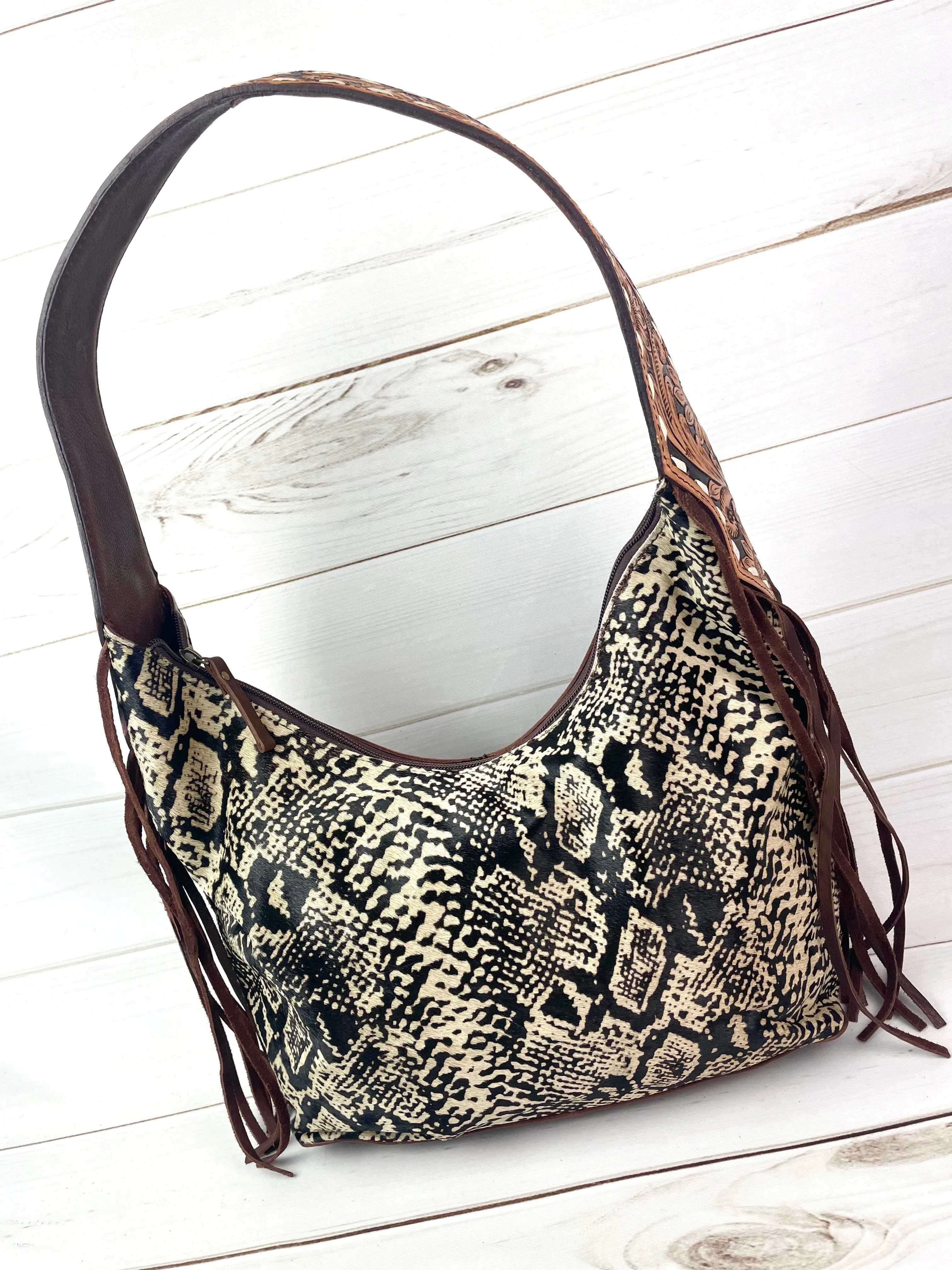 Black and White Snake Pattern on Hide Hobo Fringe Handbag