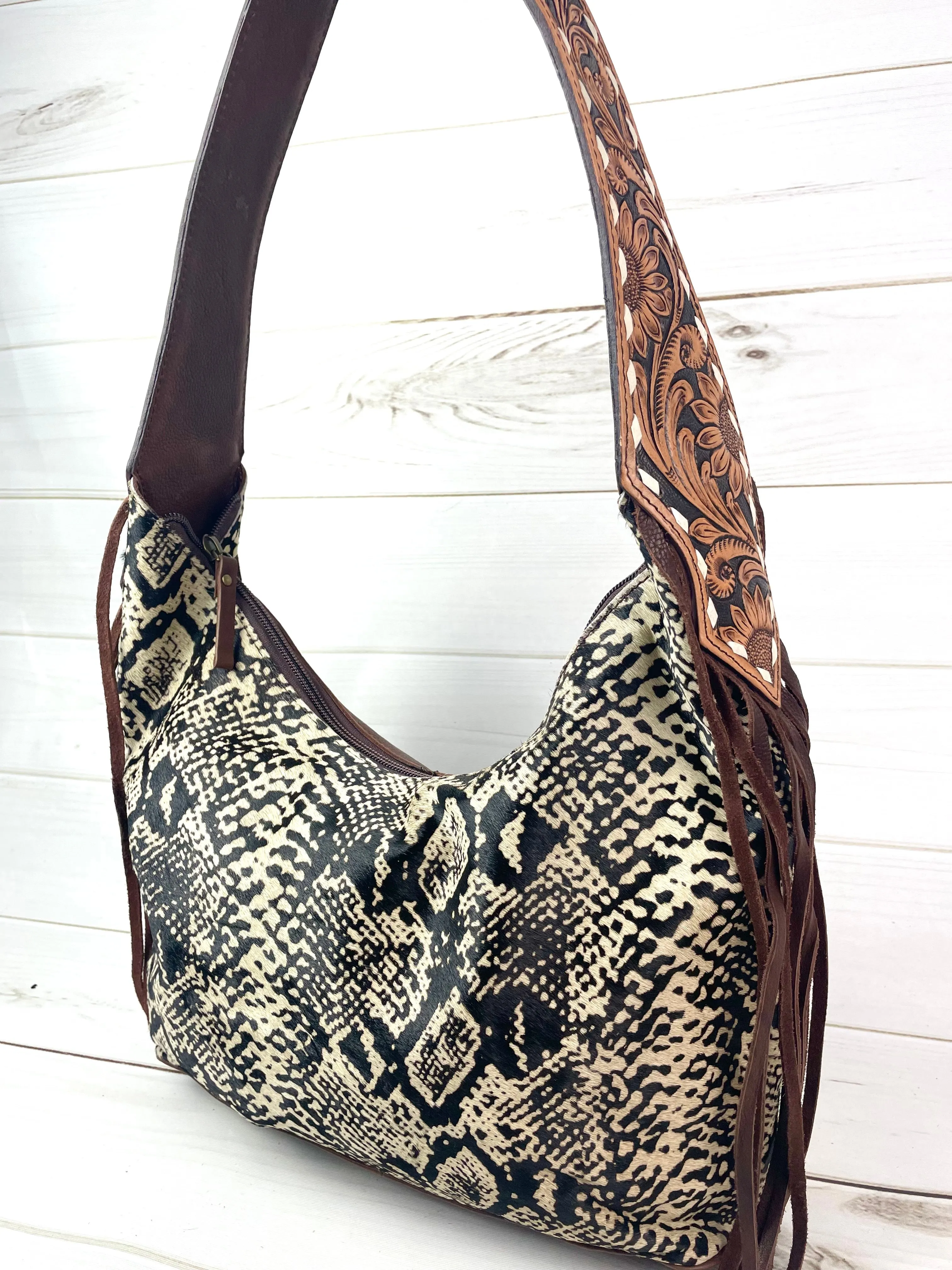 Black and White Snake Pattern on Hide Hobo Fringe Handbag