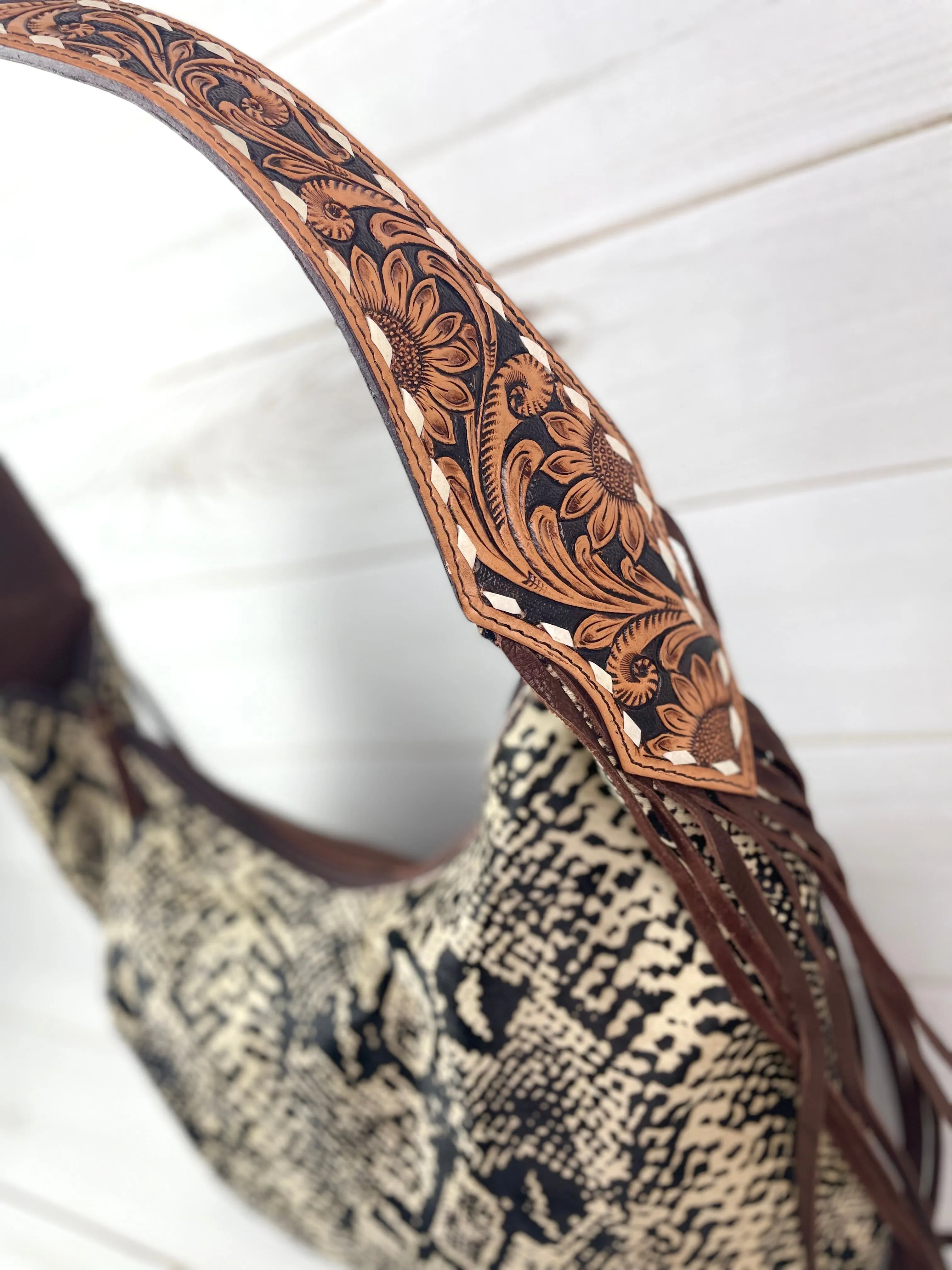 Black and White Snake Pattern on Hide Hobo Fringe Handbag