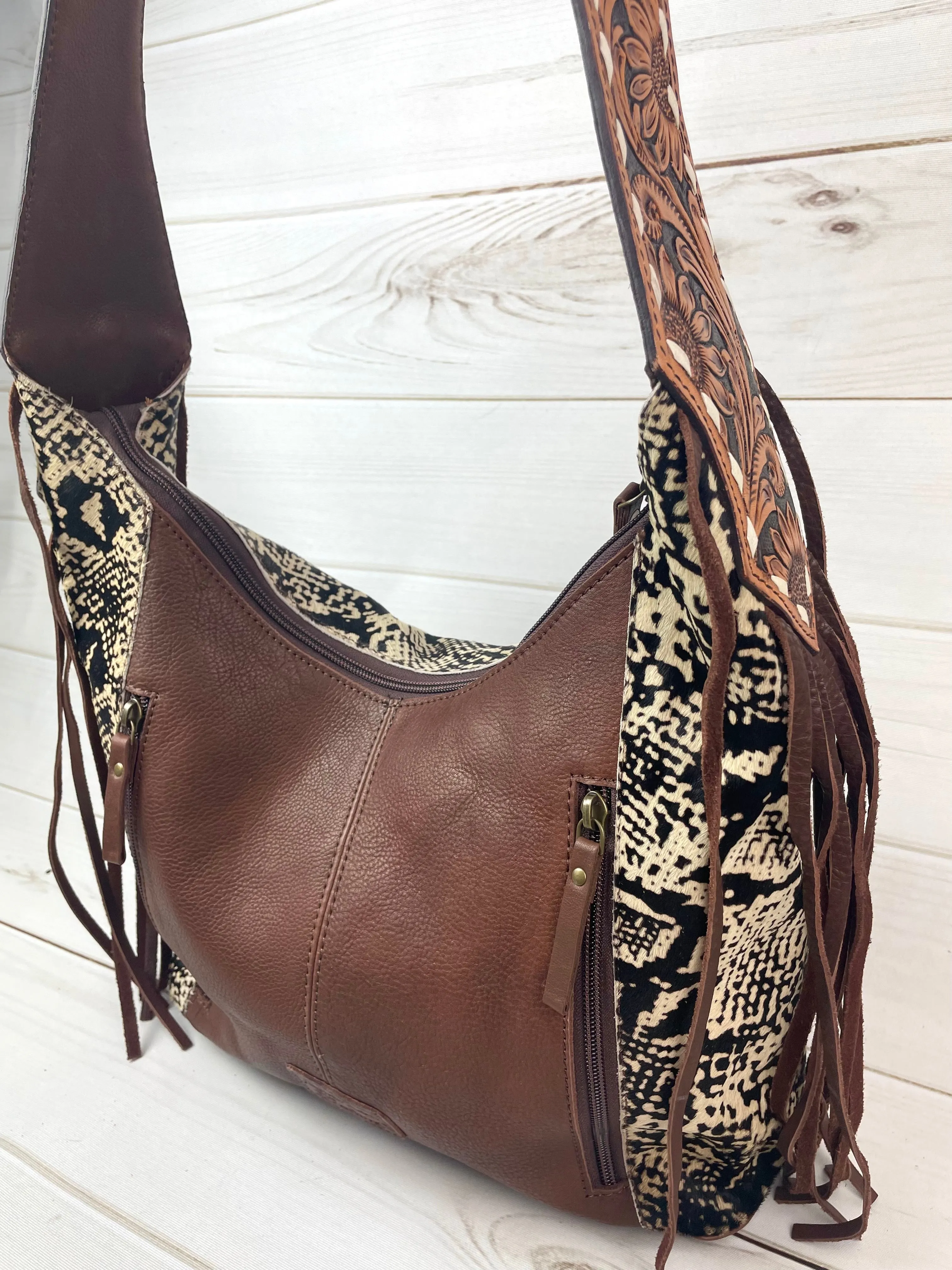 Black and White Snake Pattern on Hide Hobo Fringe Handbag
