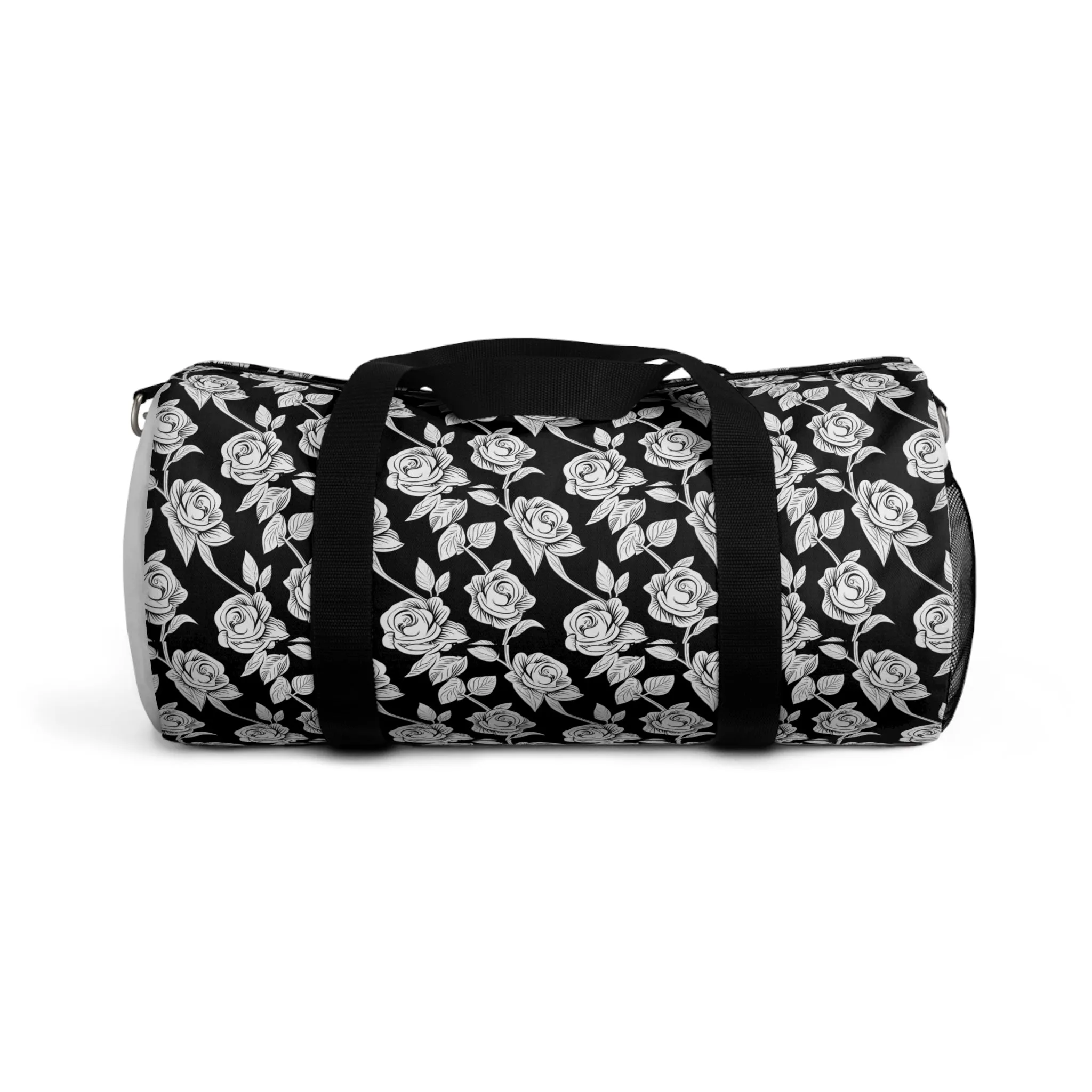 Black With White Rose Duffel Travel Bag