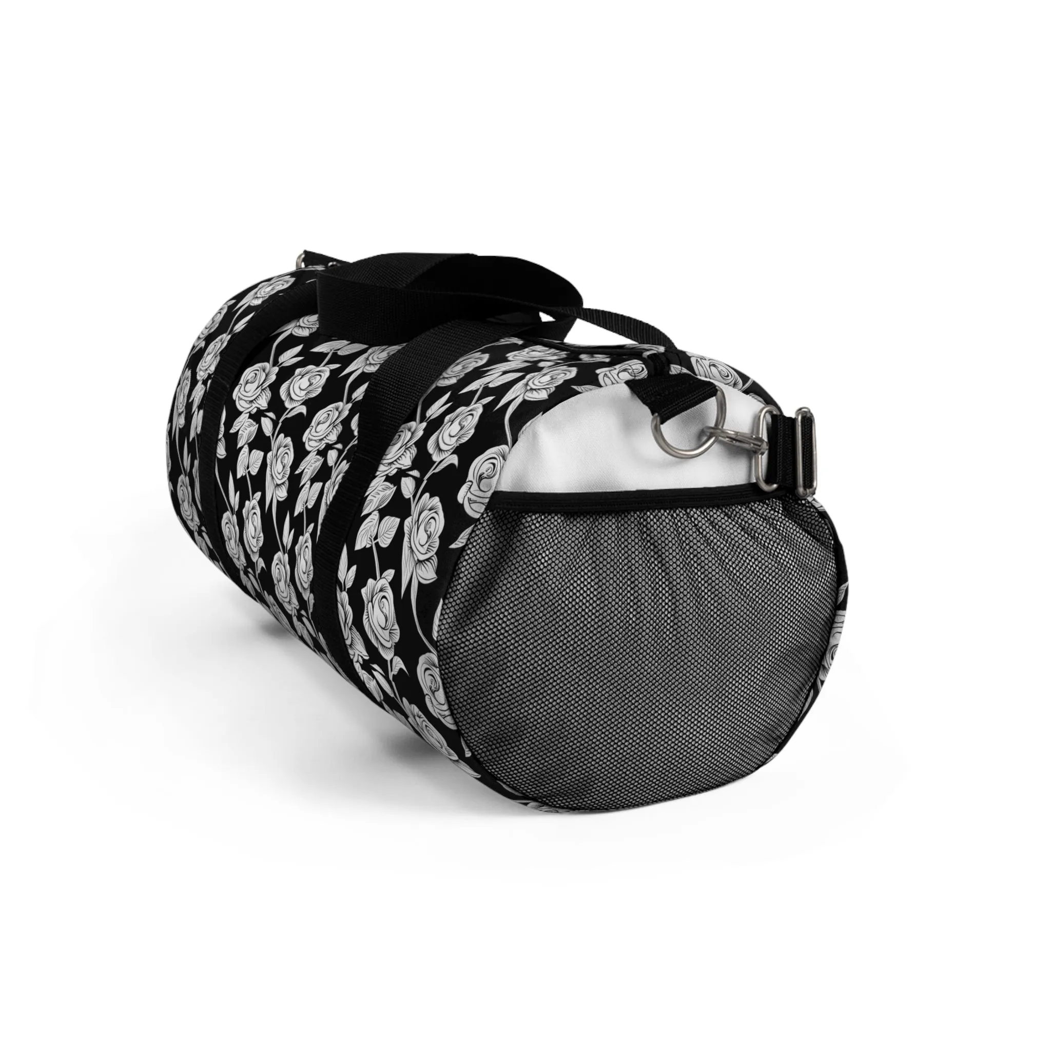 Black With White Rose Duffel Travel Bag