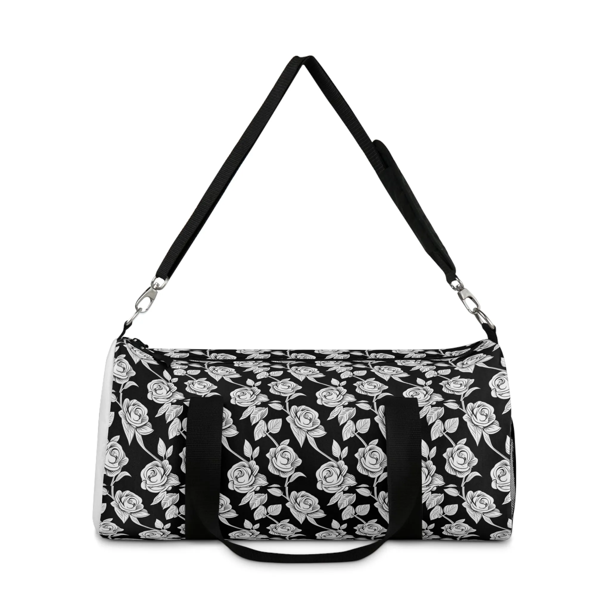 Black With White Rose Duffel Travel Bag