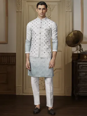Blue and White Shaded Printed Kurta Bandi Set