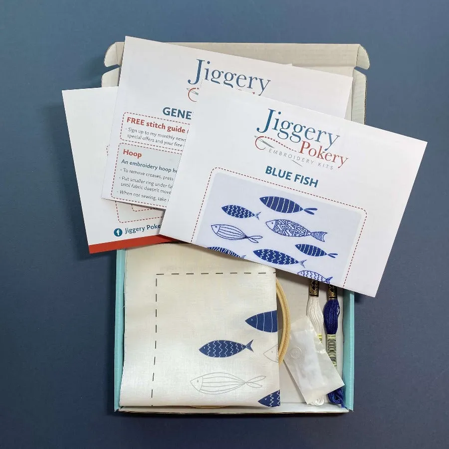 Blue fish embroidery kit