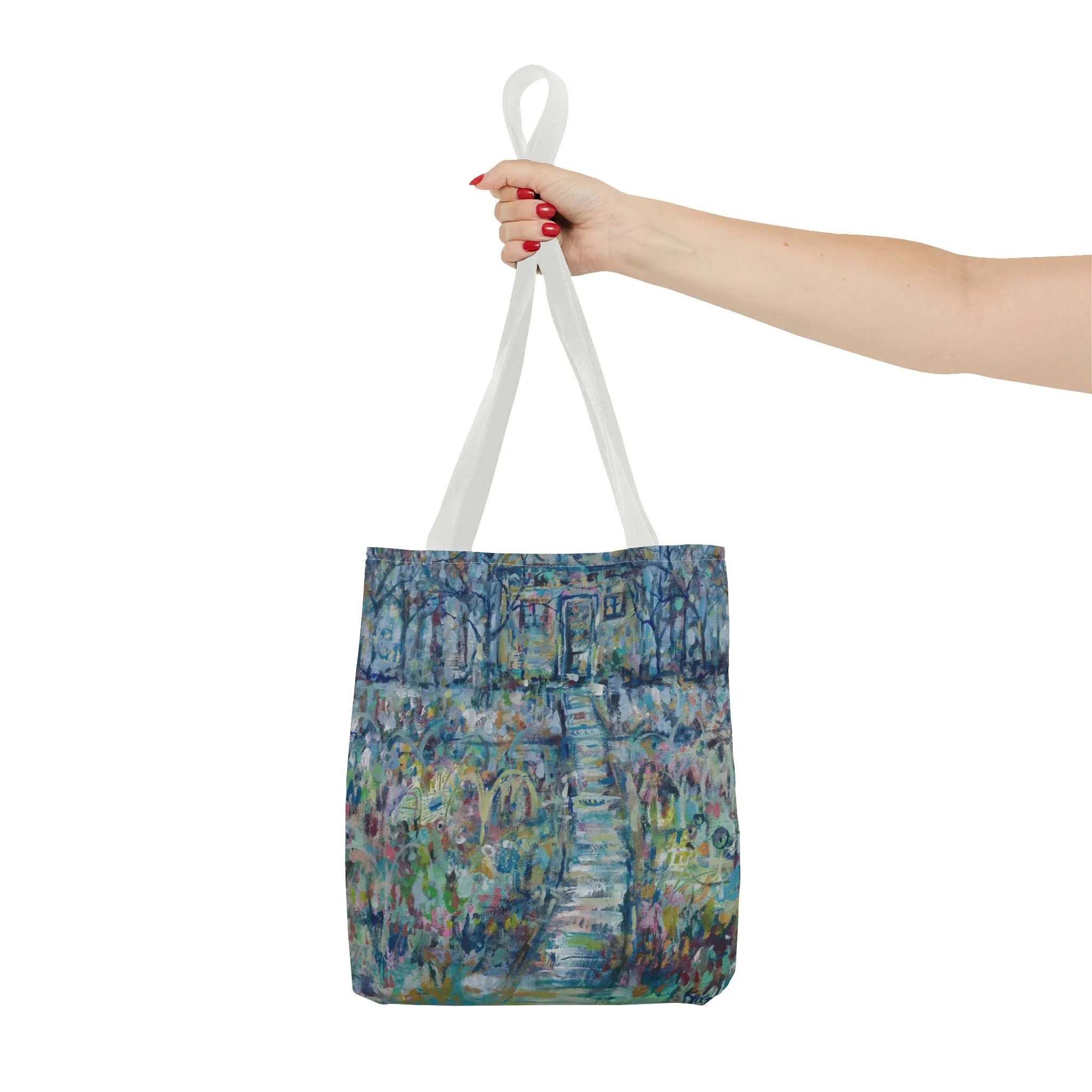Blue Green Landscape Tree Nature Art Canvas Tote Bag - Climbing to a Higher Place by Leslie Karpinski