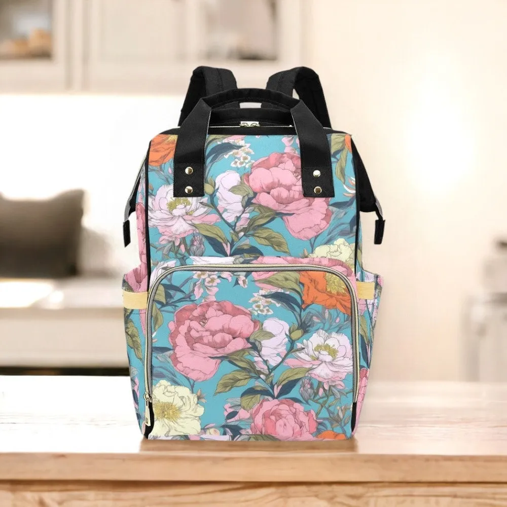 Blue Pastel Pressed Flowers Diaper Bag, Nature Lover Diaper Backpack, Hippie Mama Babyshower Gift, Natural Floral DiaperBag Gift for New Mom