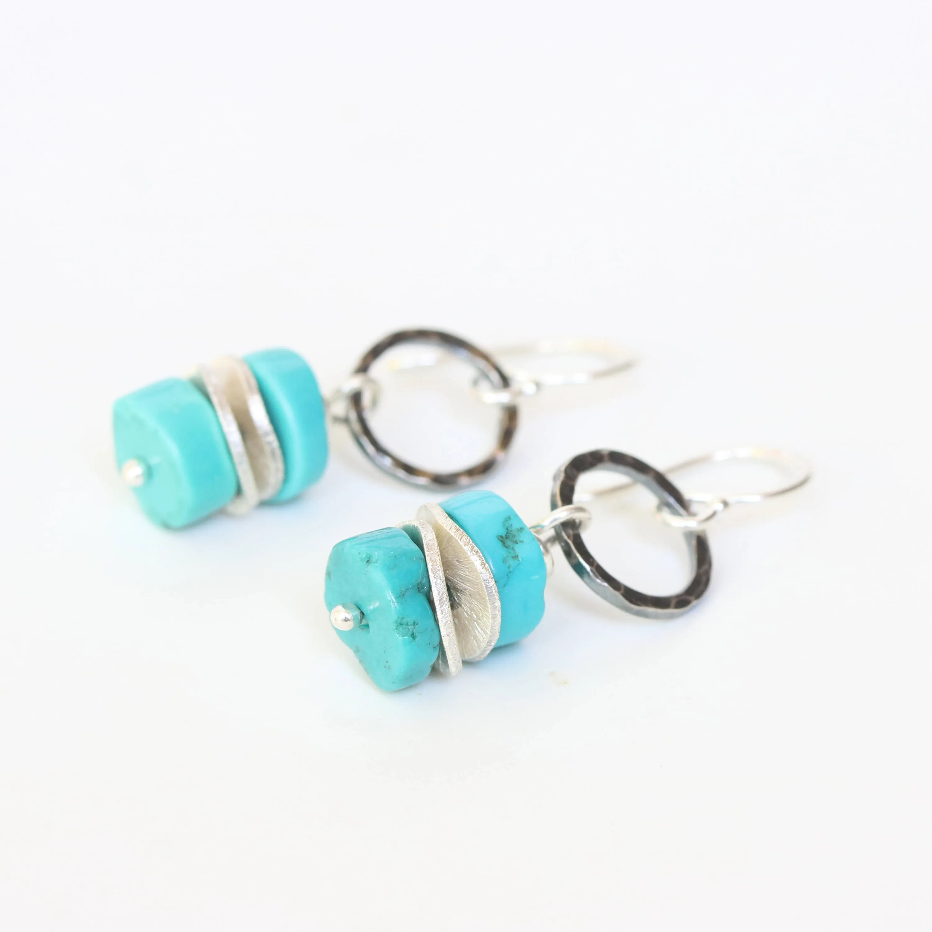 Blue turquoise beads earrings and silver plate with hammer silver oxidized loops on sterling silver hooks style