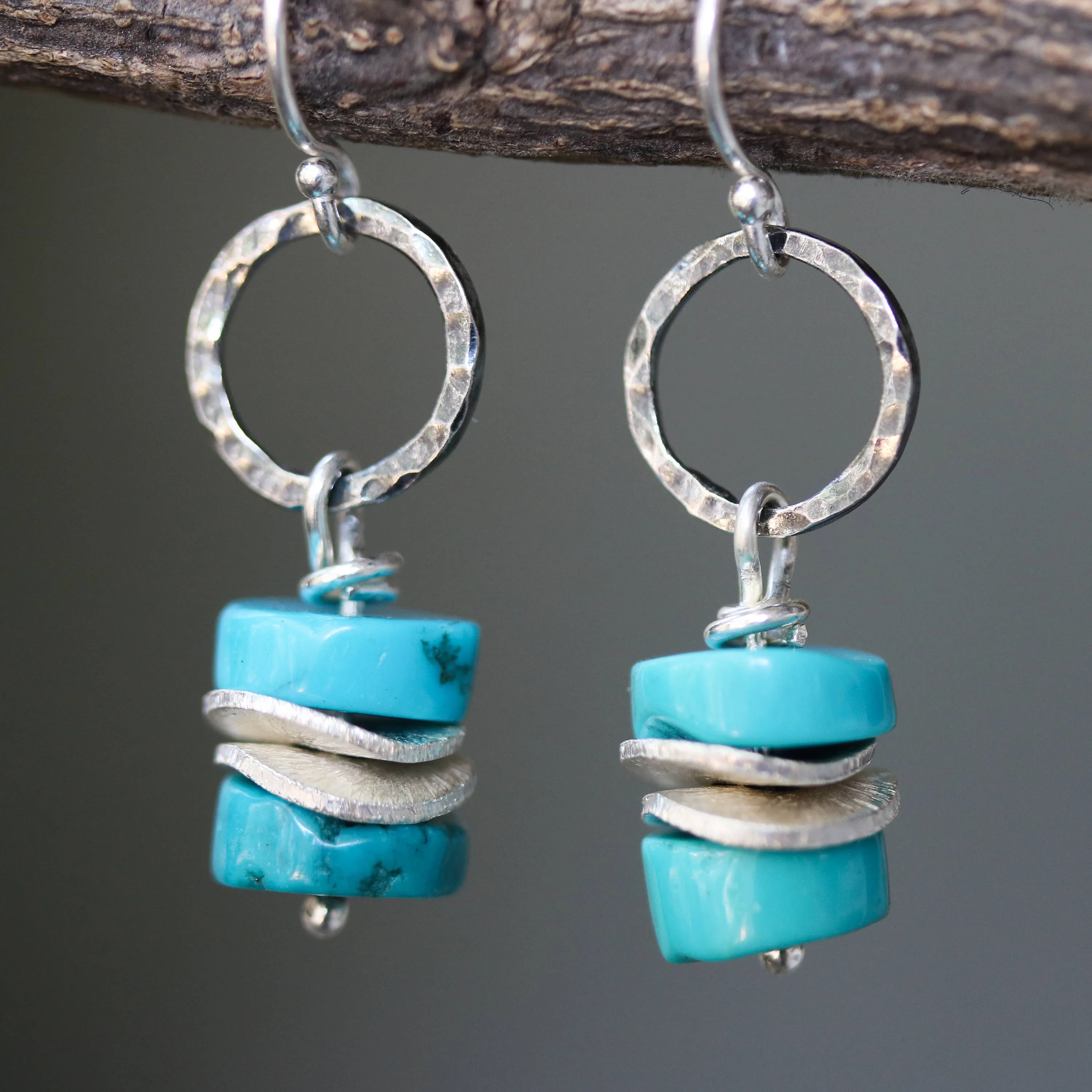 Blue turquoise beads earrings and silver plate with hammer silver oxidized loops on sterling silver hooks style