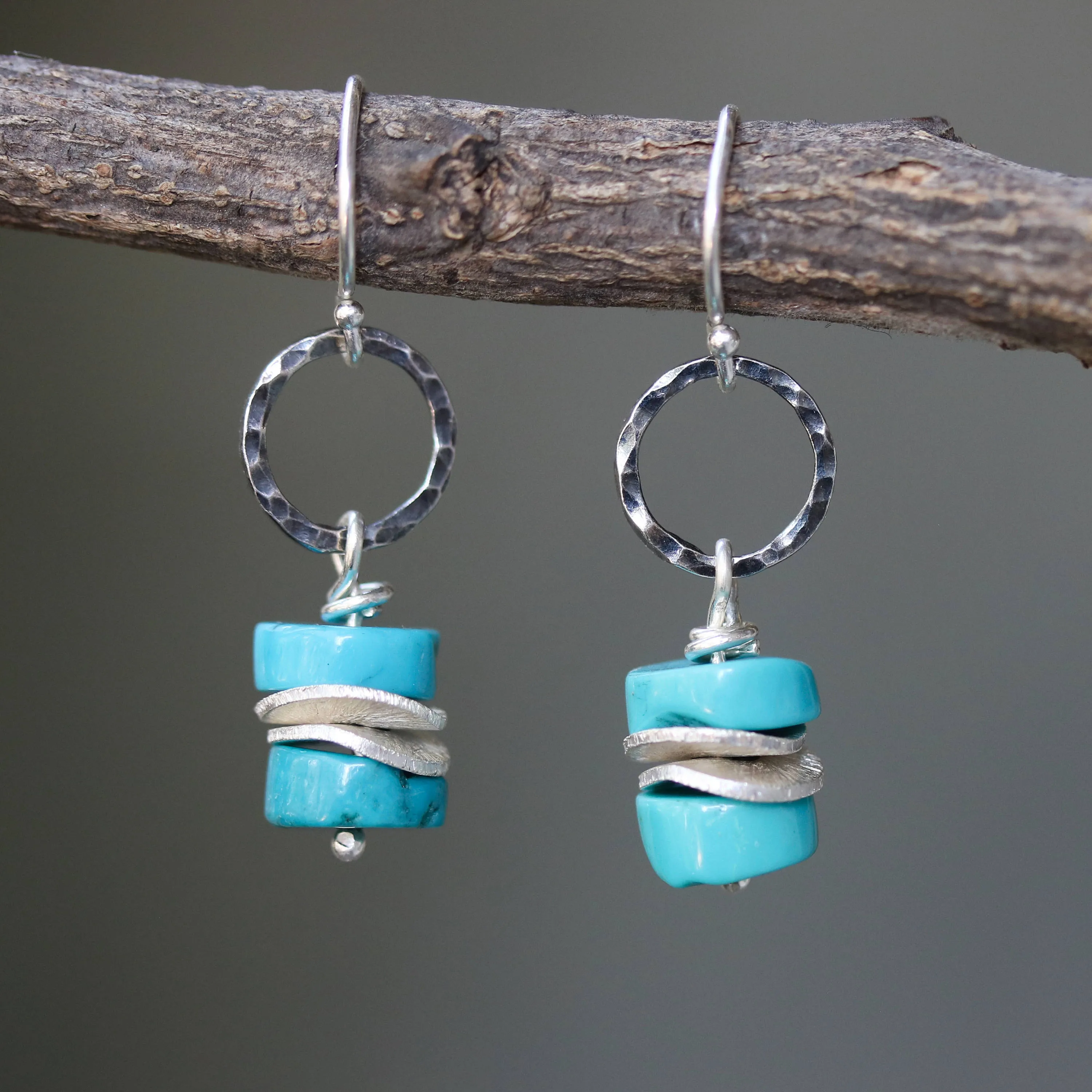 Blue turquoise beads earrings and silver plate with hammer silver oxidized loops on sterling silver hooks style