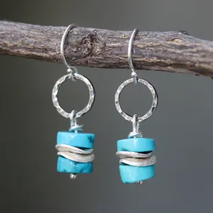 Blue turquoise beads earrings and silver plate with hammer silver oxidized loops on sterling silver hooks style