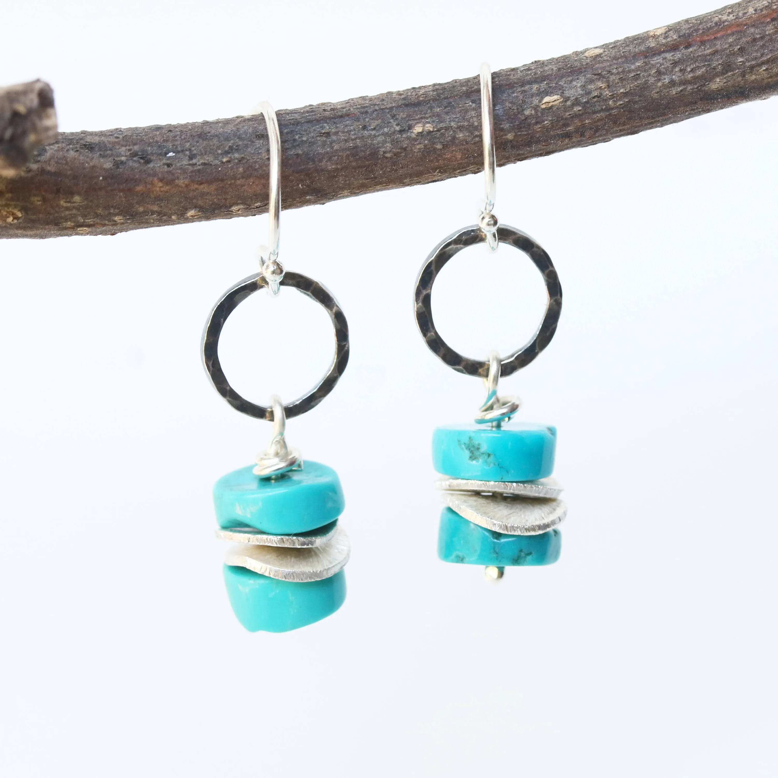 Blue turquoise beads earrings and silver plate with hammer silver oxidized loops on sterling silver hooks style
