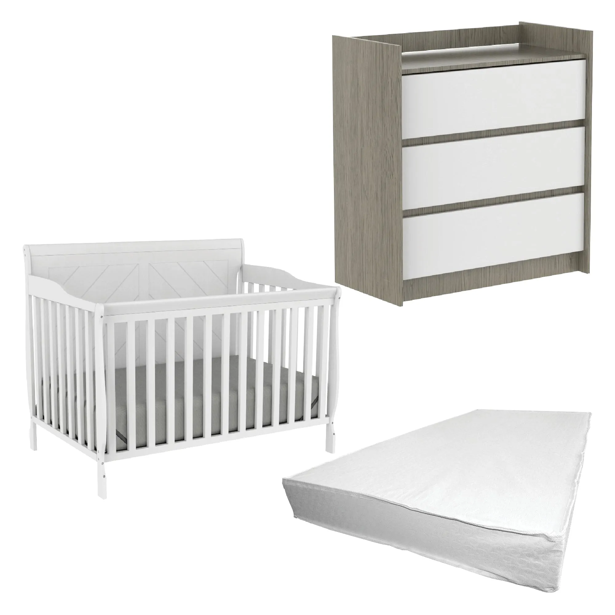 Boobeyeh trio lauren crib and alex changing table set, all white - newborns
