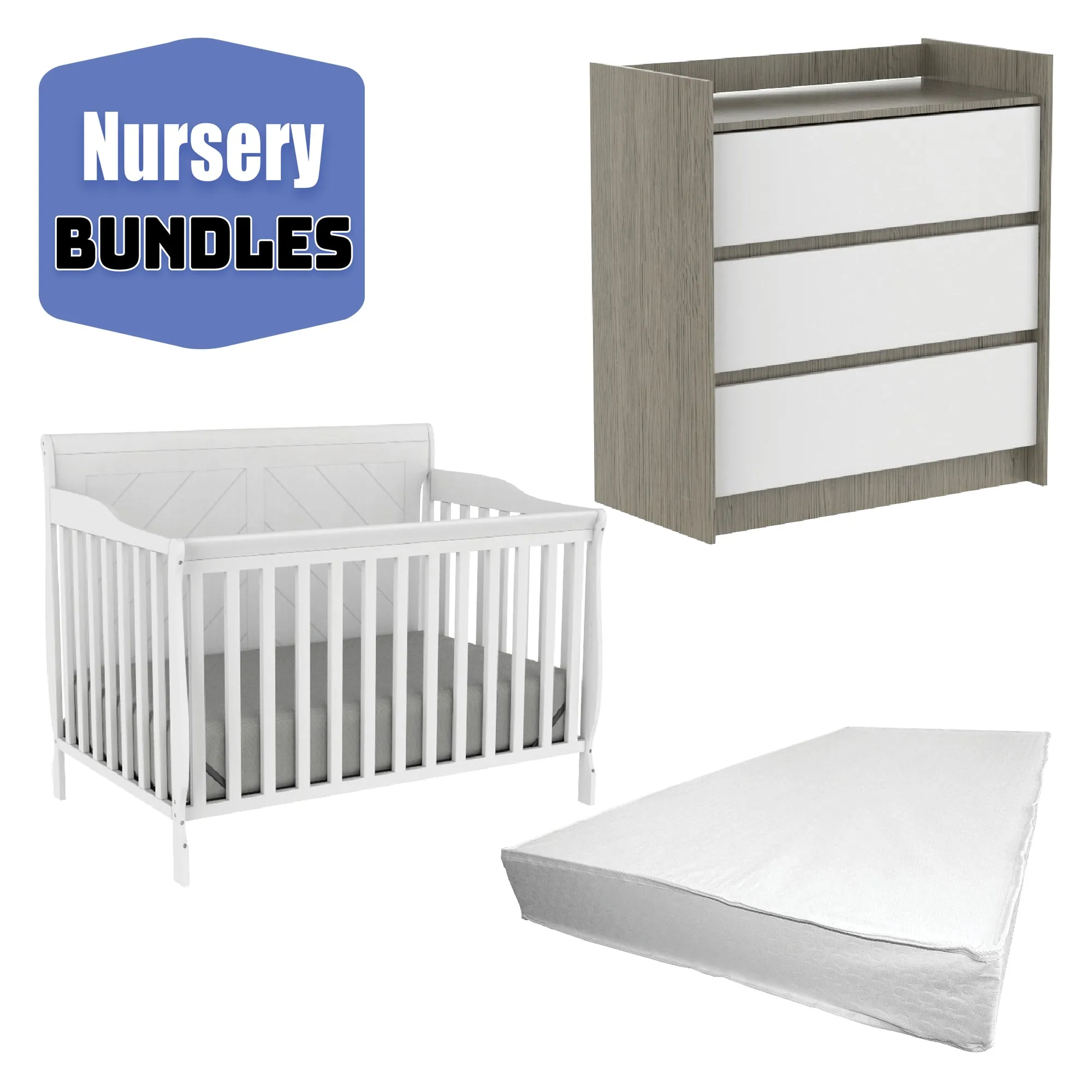 Boobeyeh trio lauren crib and alex changing table set, all white - newborns