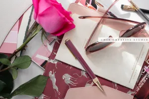 Bright Pink Rose, Notebook & Pen. Stock Photo