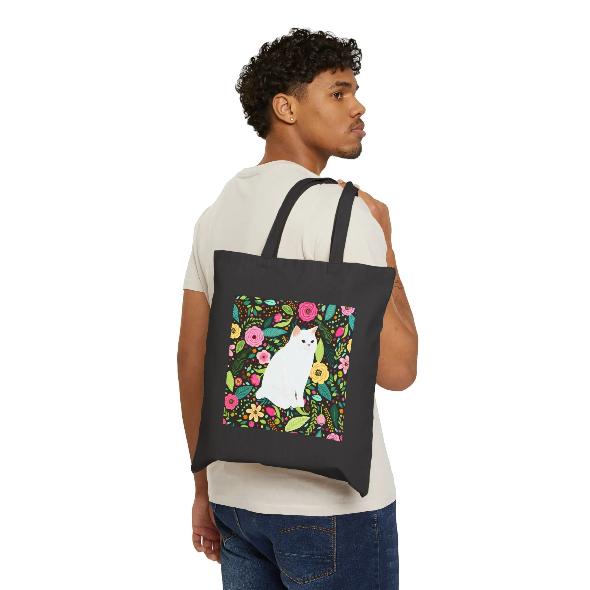 Canvas Tote Bag - White Cat Floral