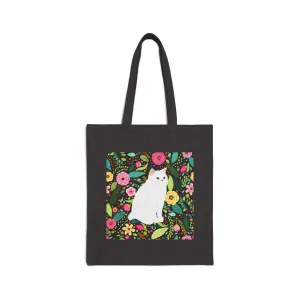 Canvas Tote Bag - White Cat Floral