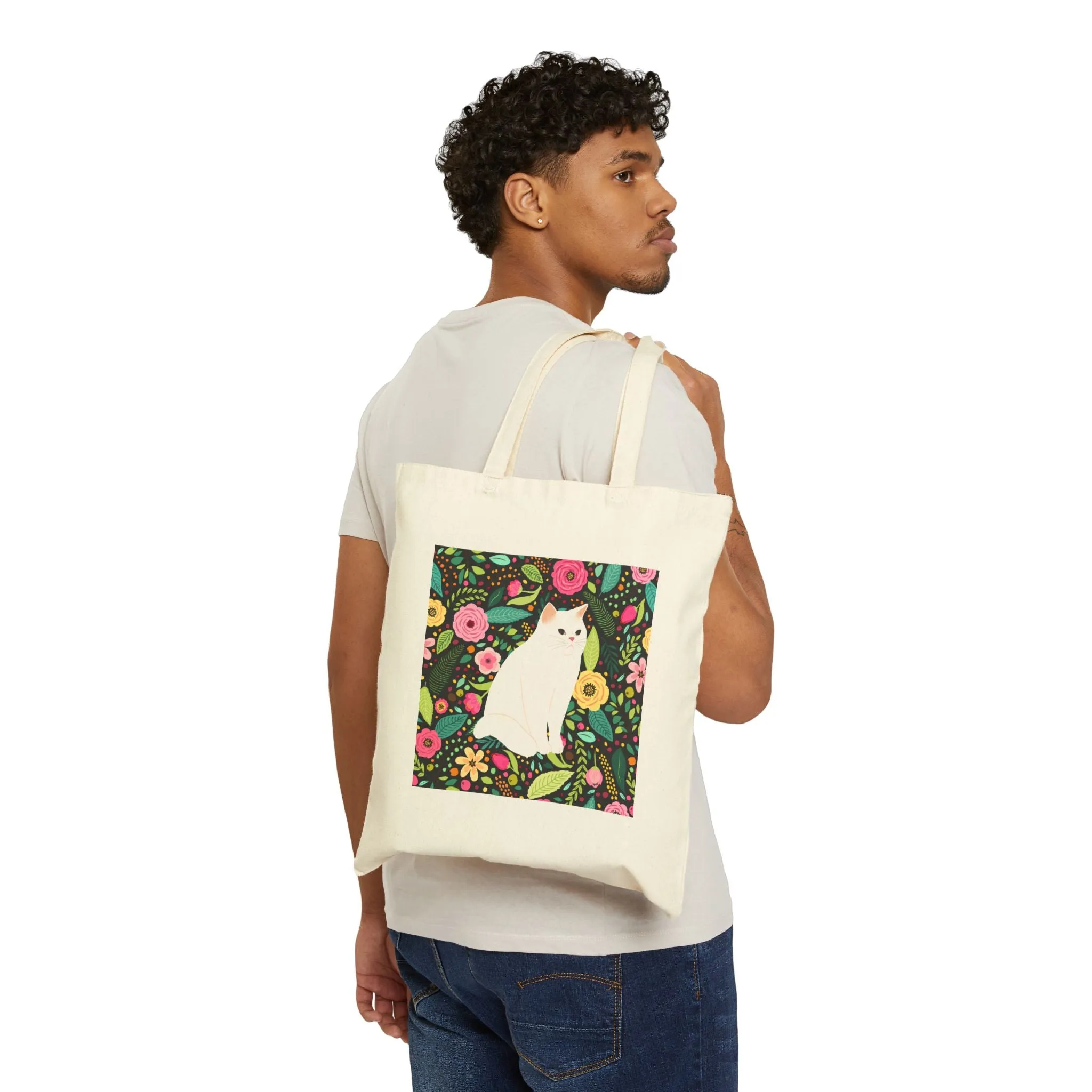 Canvas Tote Bag - White Cat Floral