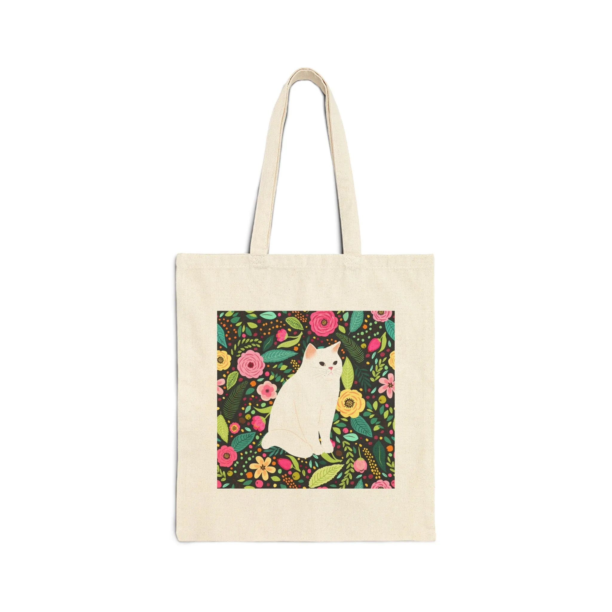 Canvas Tote Bag - White Cat Floral